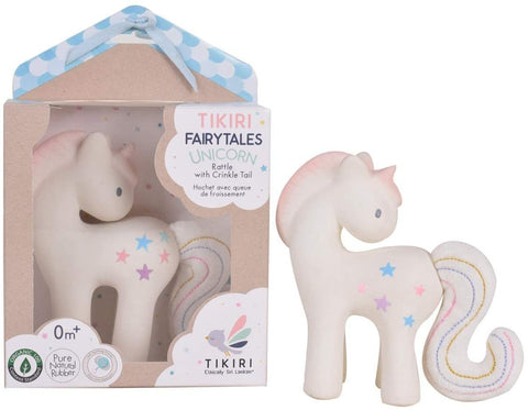 Tikiri Fairytales Natural Rubber Rattle - Cotton Candy Unicorn with Crinkle Tail
