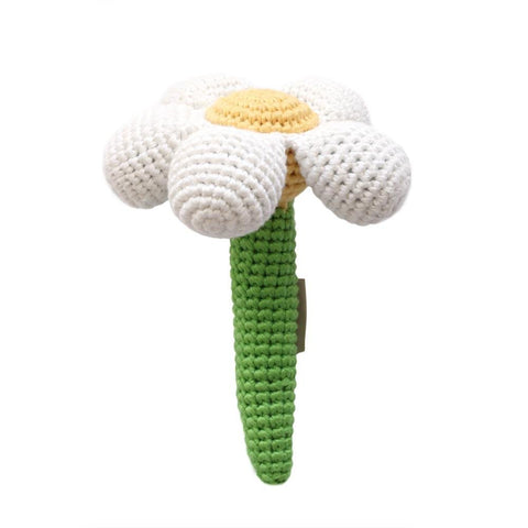 Cheengoo Sustainable Organic Bamboo Hand Crocheted Stick Rattle - White Daisy Flower