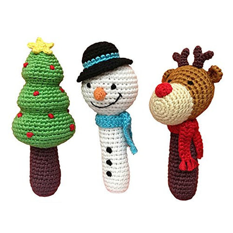 Cheengoo Hand Crocheted Organic Rattles - Set of 3 Holiday Stick Rattles