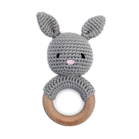 Cheengoo All Natural Baby Toy - Grey Bunny Rattle Teether