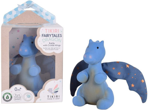 Tikiri Fairytales Natural Rubber Rattle - Midnight Dragon with Crinkle Wings