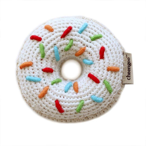 Cheengoo Organic Hand Crocheted Bamboo Rattle - White Donut