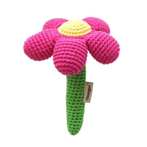 Cheengoo Sustainable Organic Bamboo Hand Crocheted Stick Rattle - Magenta Flower